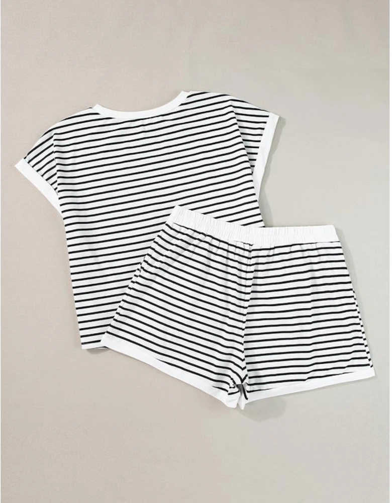 White Stripe Contrast Edge Tee and Shorts Set