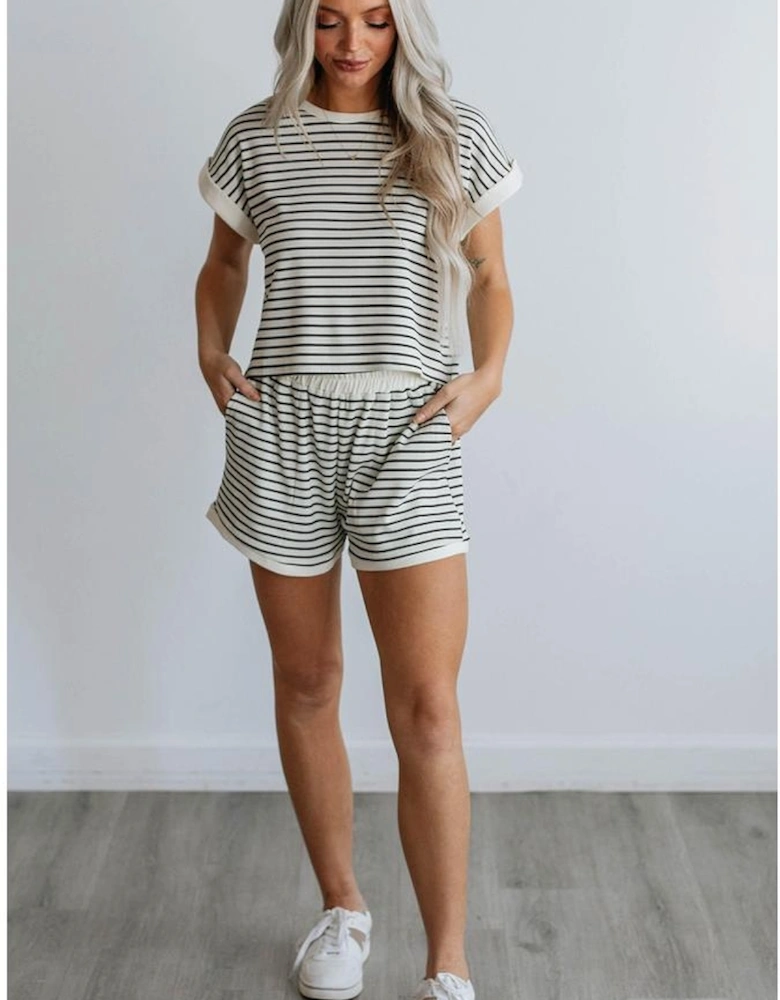 White Stripe Contrast Edge Tee and Shorts Set