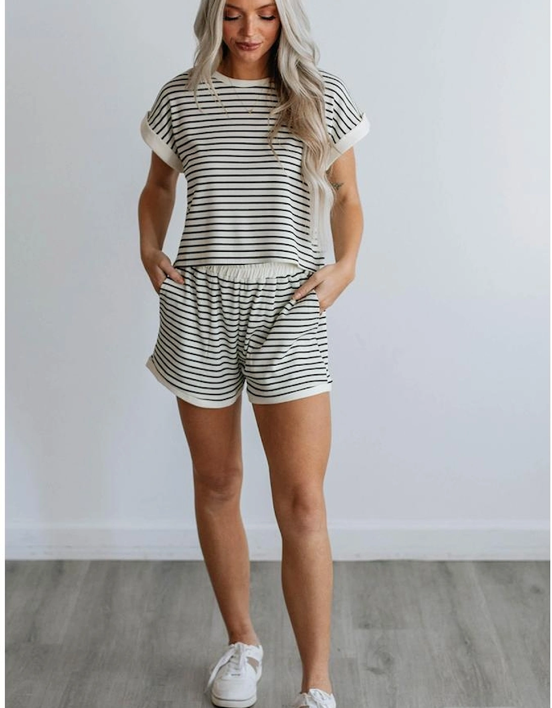 White Stripe Contrast Edge Tee and Shorts Set