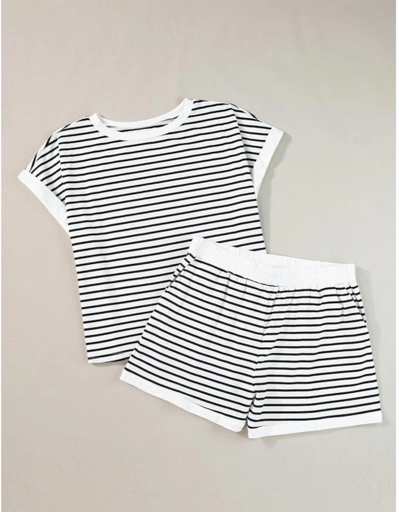 White Stripe Contrast Edge Tee and Shorts Set