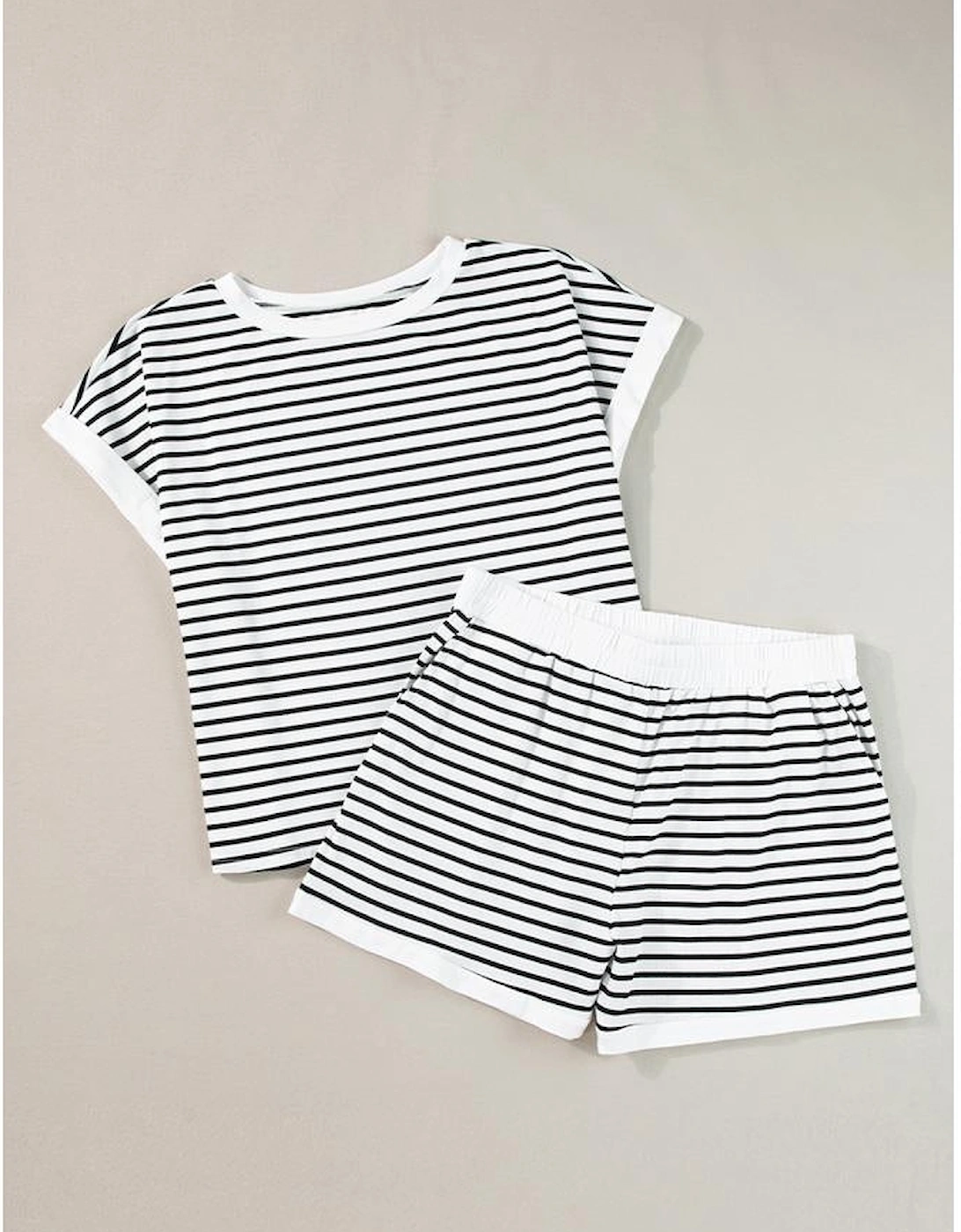 White Stripe Contrast Edge Tee and Shorts Set