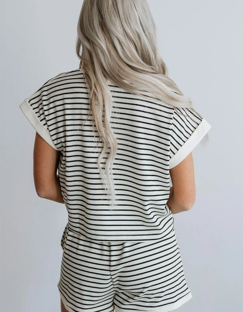 White Stripe Contrast Edge Tee and Shorts Set