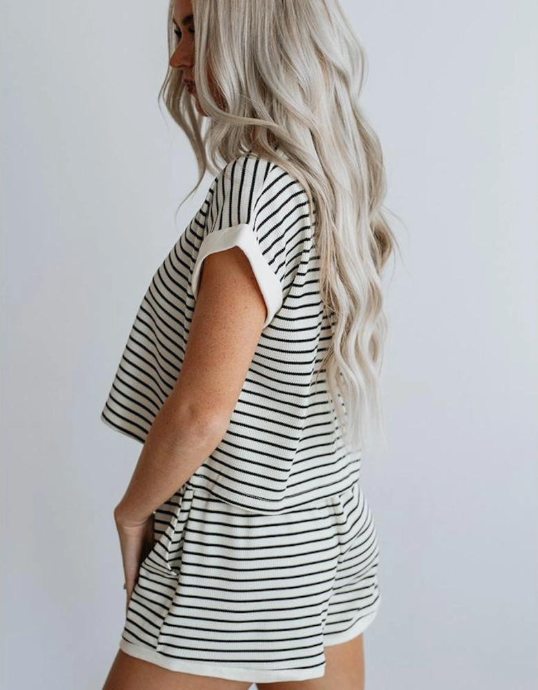 White Stripe Contrast Edge Tee and Shorts Set