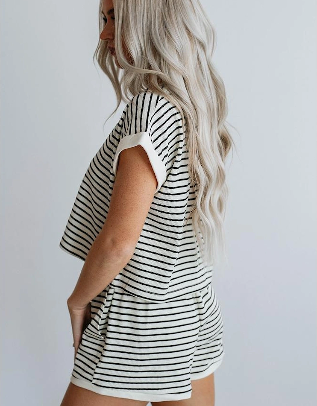 White Stripe Contrast Edge Tee and Shorts Set