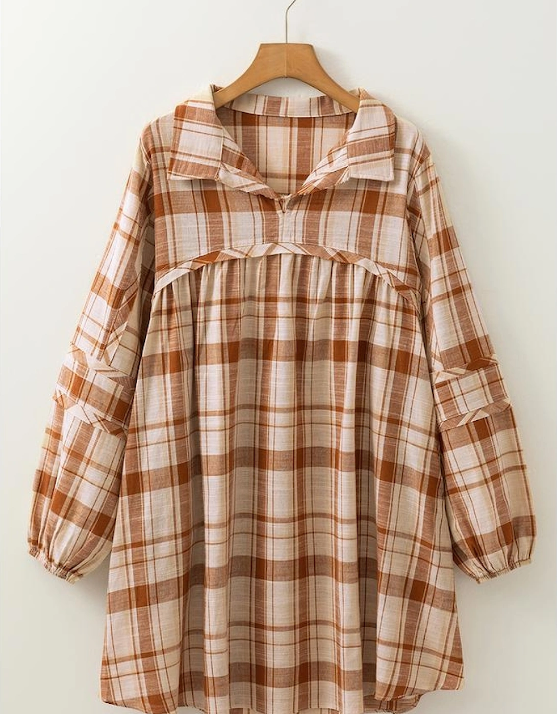 Brown Plaid Print Side Pockets Frilled Babydoll Mini Dress