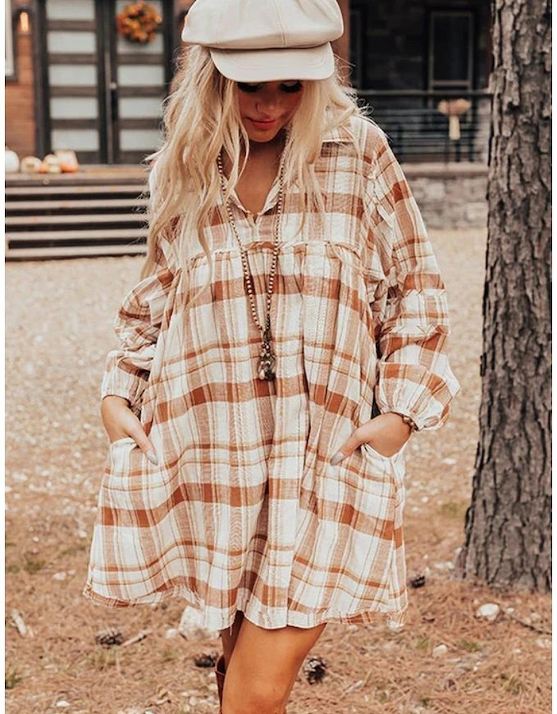 Brown Plaid Print Side Pockets Frilled Babydoll Mini Dress, 15 of 14