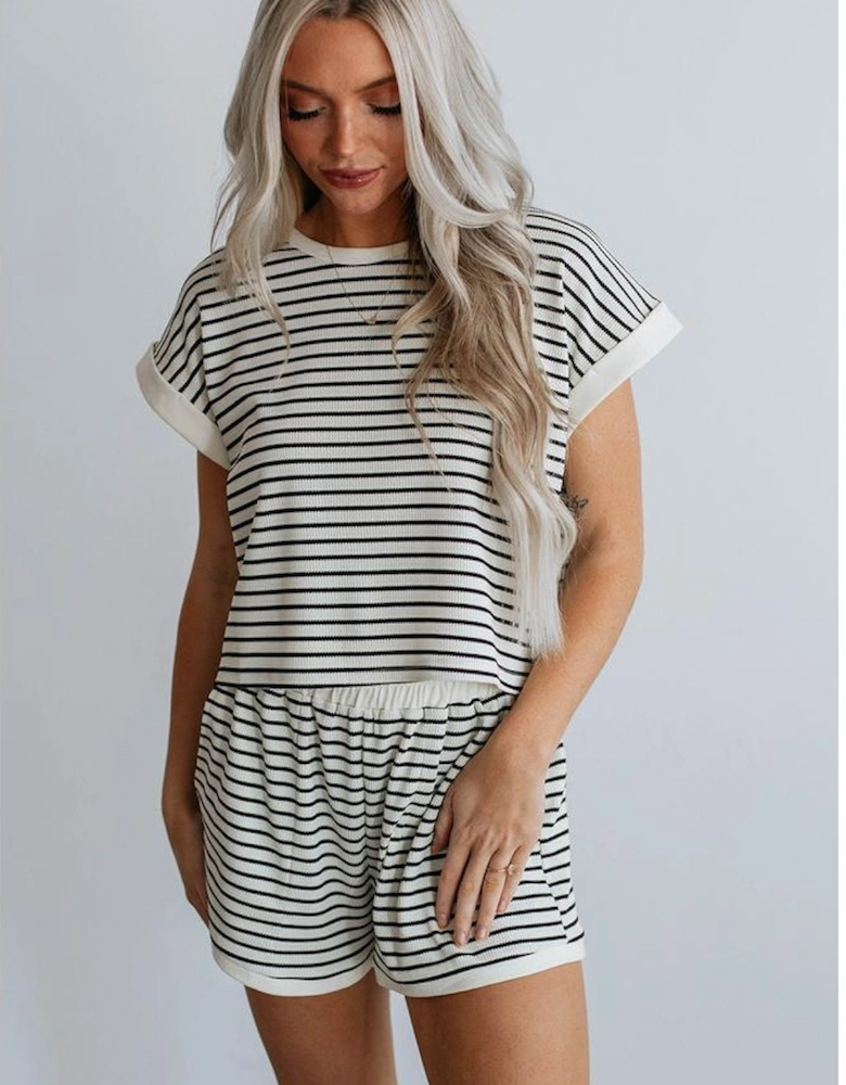 White Stripe Contrast Edge Tee and Shorts Set