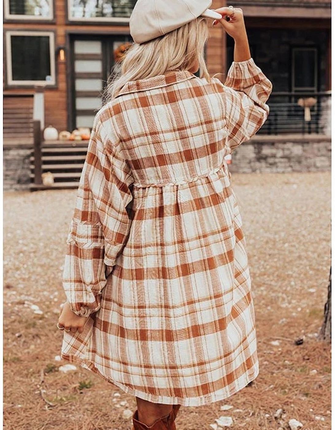 Brown Plaid Print Side Pockets Frilled Babydoll Mini Dress