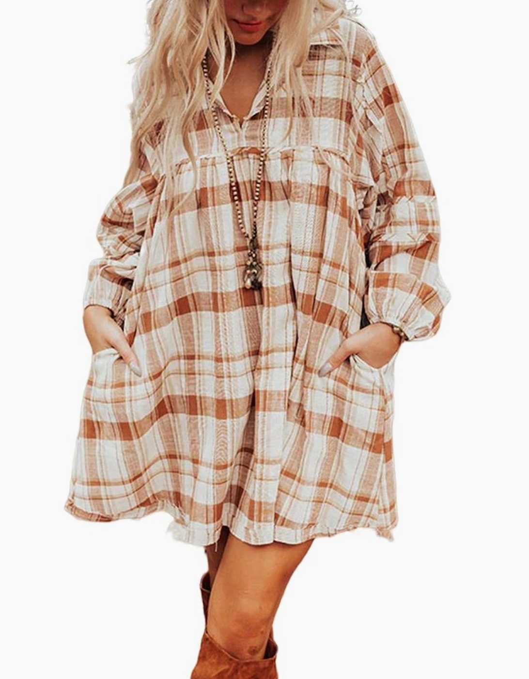 Brown Plaid Print Side Pockets Frilled Babydoll Mini Dress