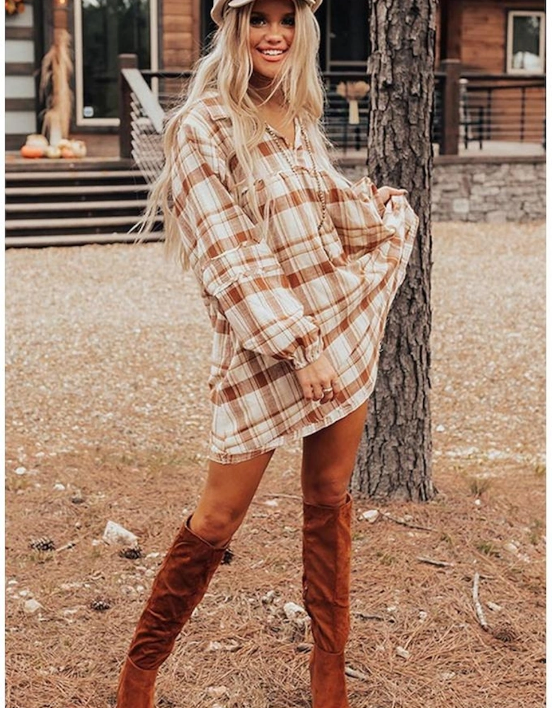 Brown Plaid Print Side Pockets Frilled Babydoll Mini Dress