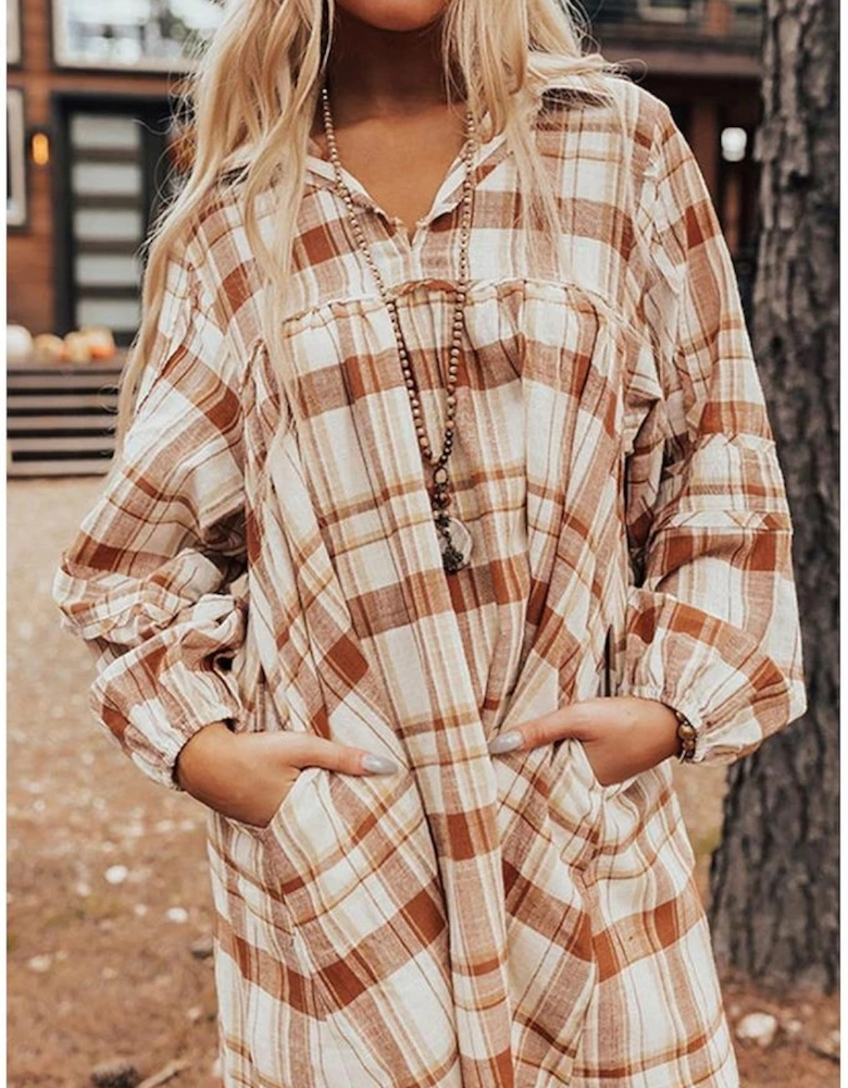 Brown Plaid Print Side Pockets Frilled Babydoll Mini Dress