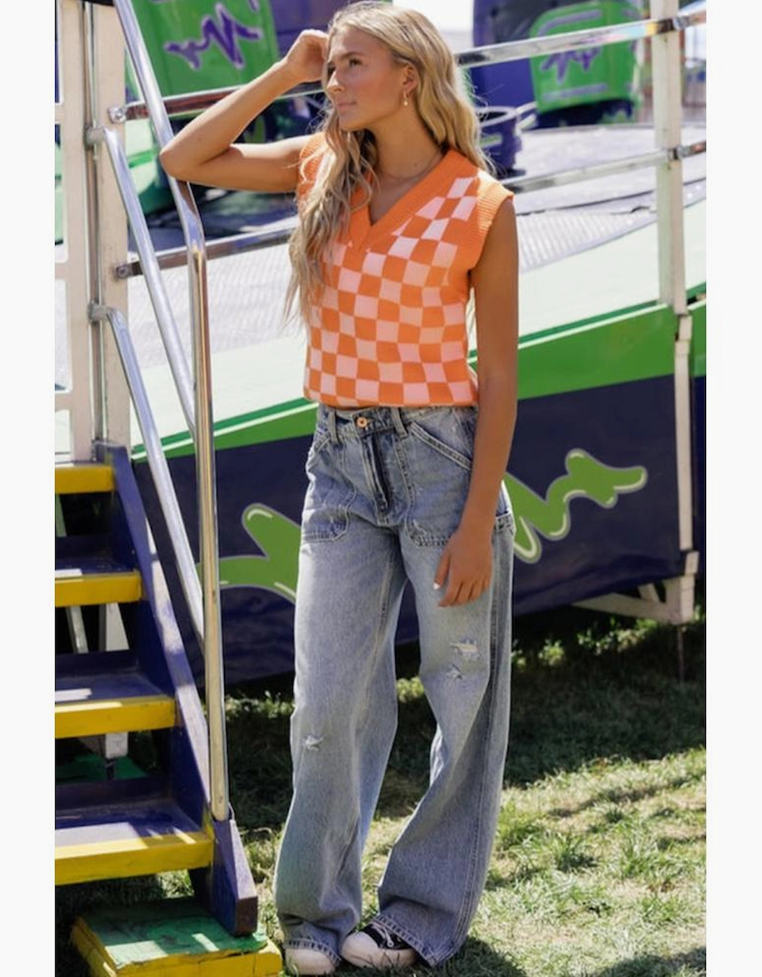 Russet Orange Checkered V Neck Knitted Sweater Vest