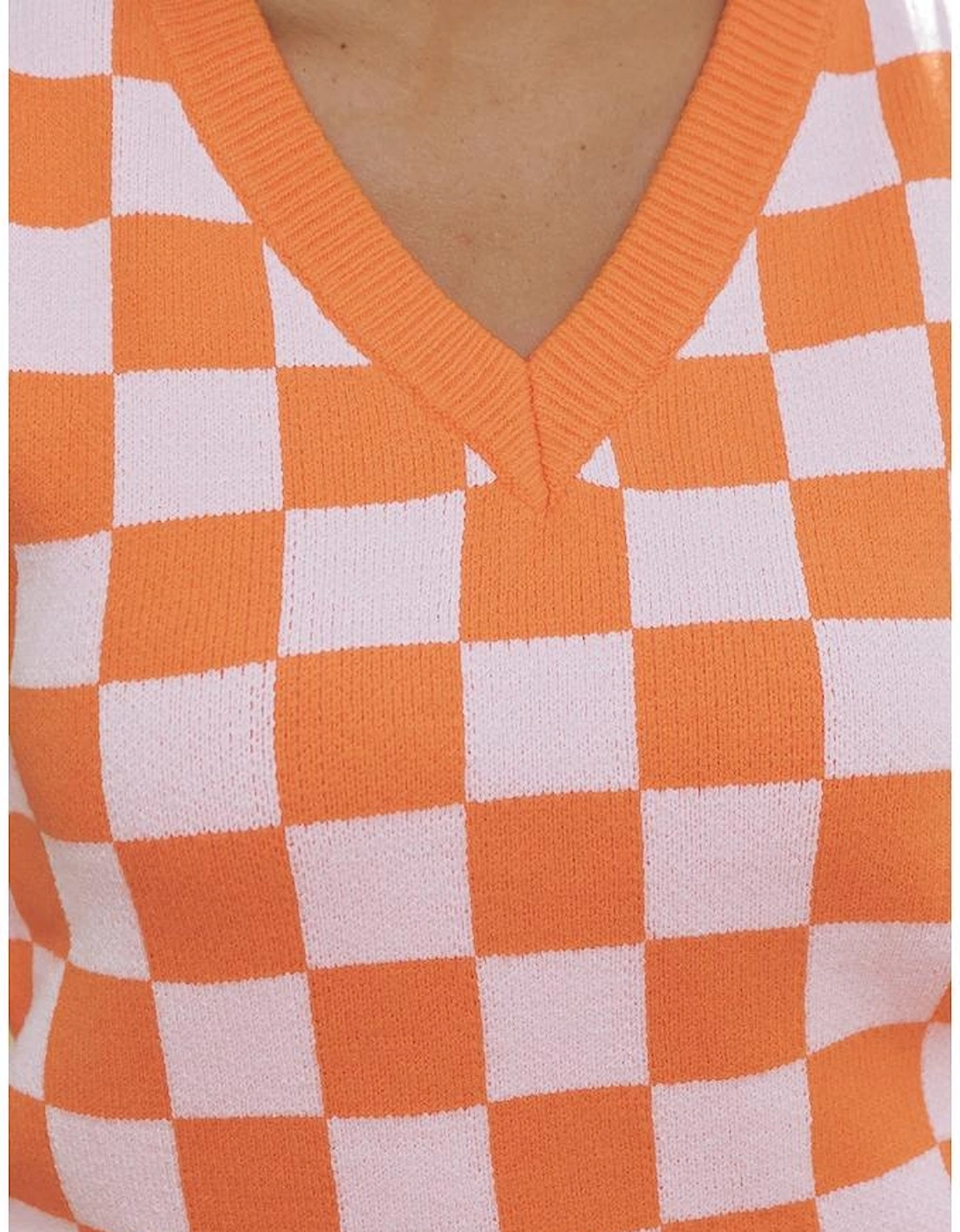 Russet Orange Checkered V Neck Knitted Sweater Vest
