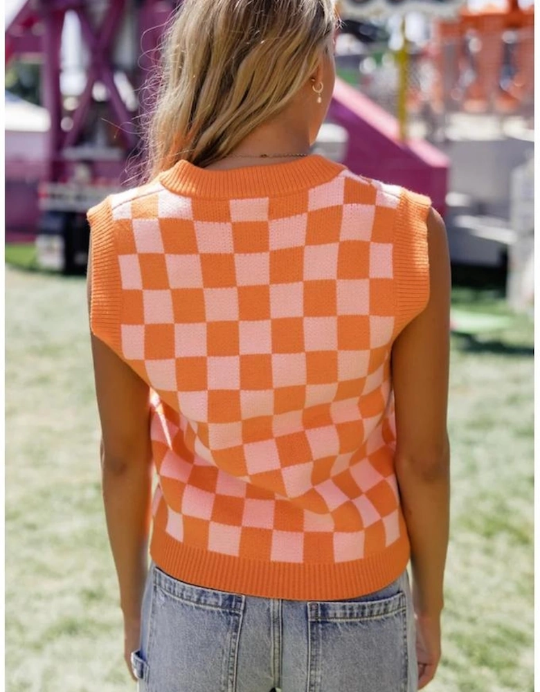 Russet Orange Checkered V Neck Knitted Sweater Vest