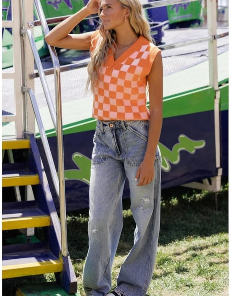 Russet Orange Checkered V Neck Knitted Sweater Vest