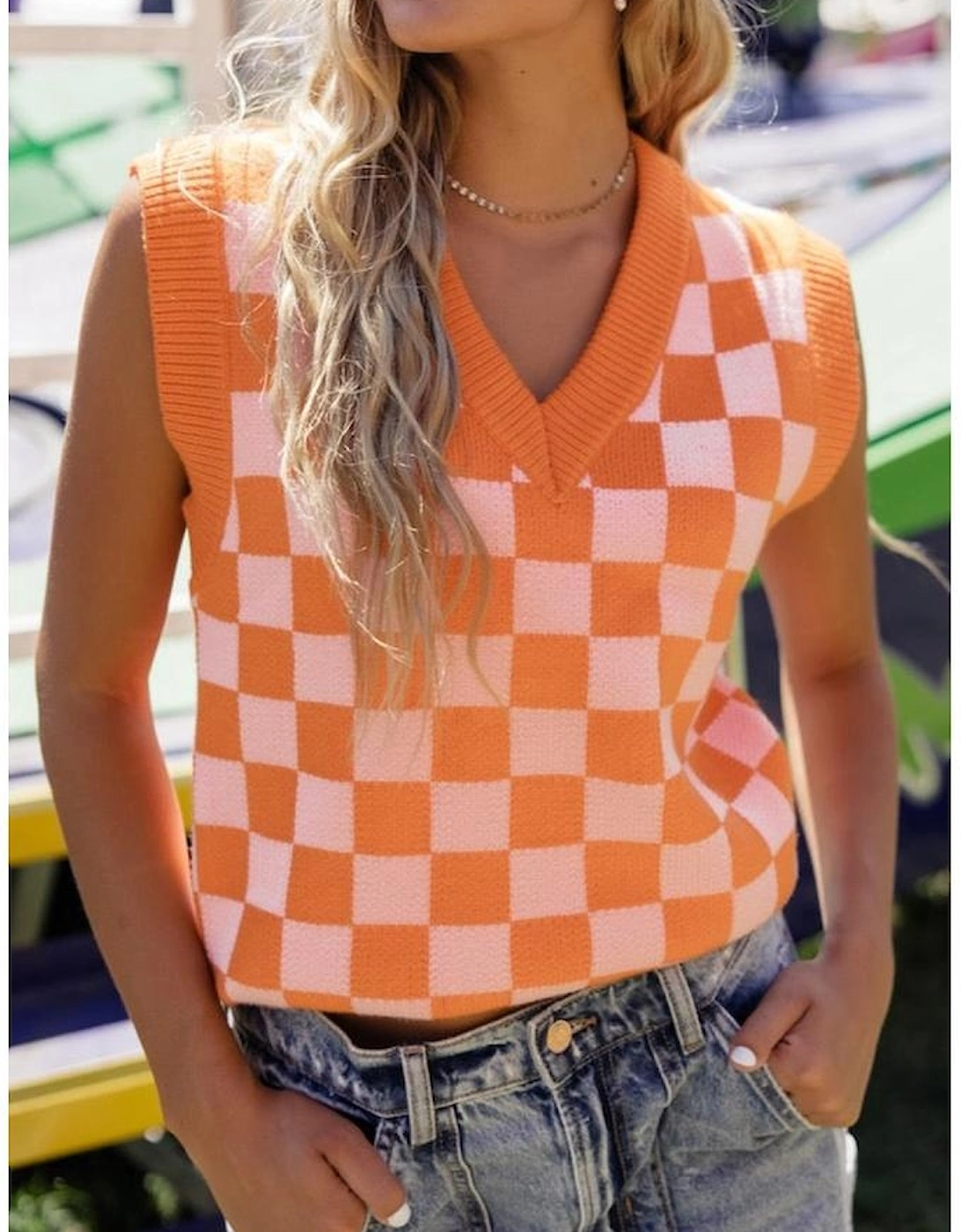 Russet Orange Checkered V Neck Knitted Sweater Vest