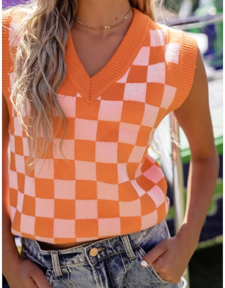 Russet Orange Checkered V Neck Knitted Sweater Vest