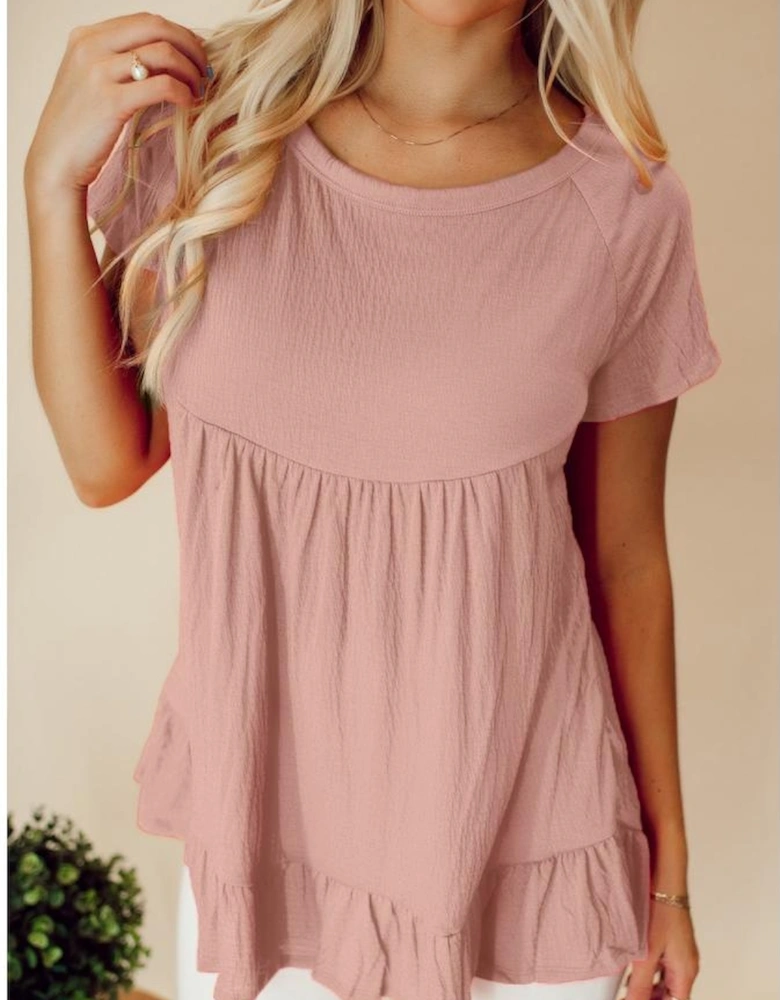 Pink Solid Short Sleeve Ruffle Hem Top
