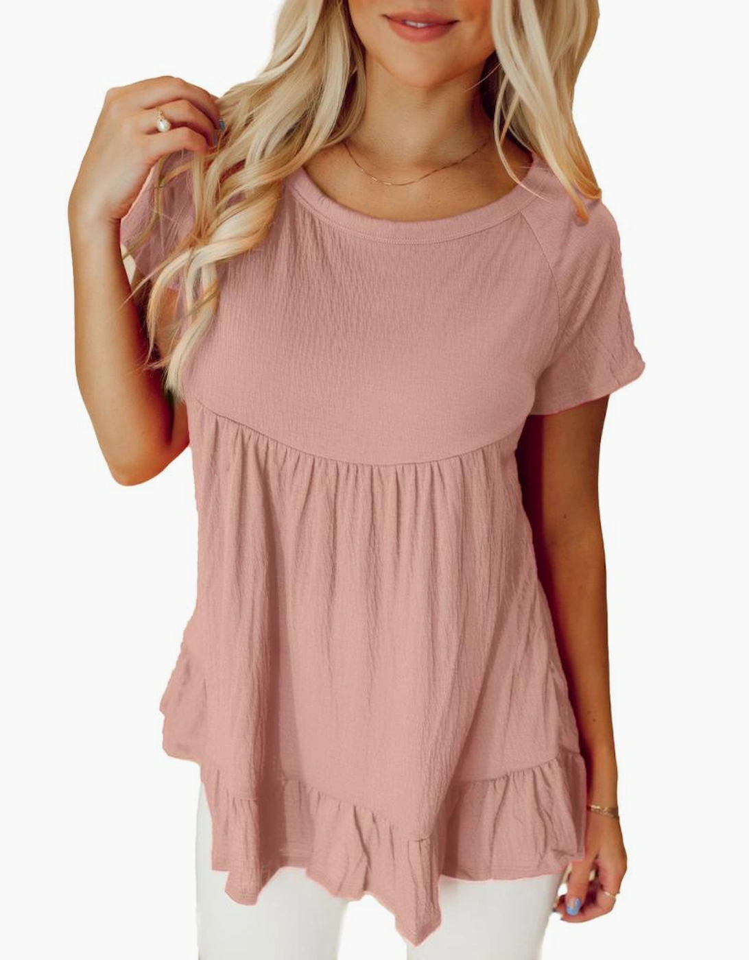 Pink Solid Short Sleeve Ruffle Hem Top