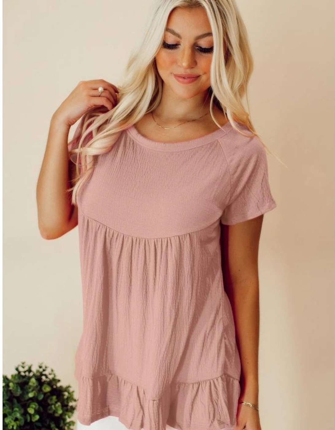 Pink Solid Short Sleeve Ruffle Hem Top