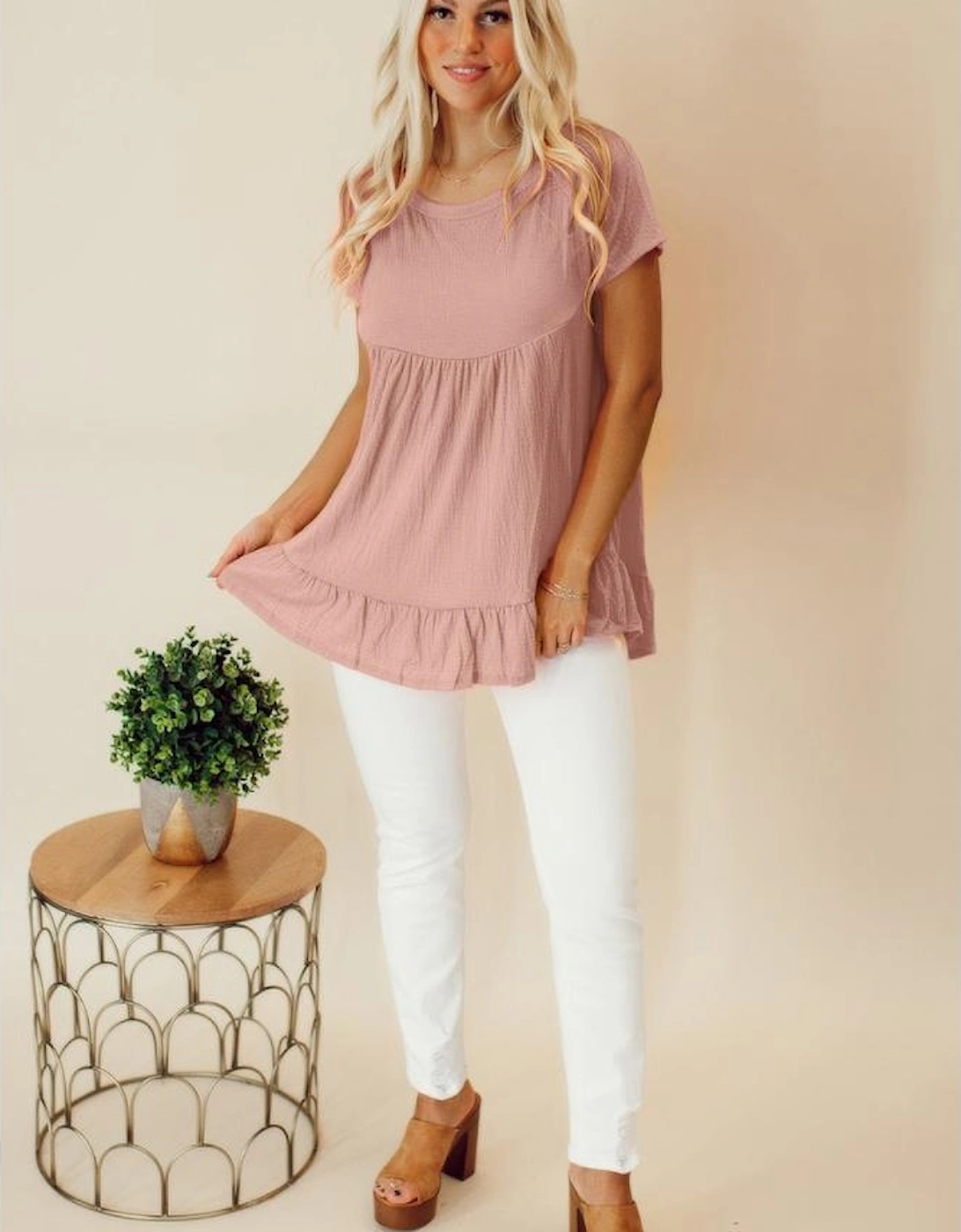 Pink Solid Short Sleeve Ruffle Hem Top, 8 of 7