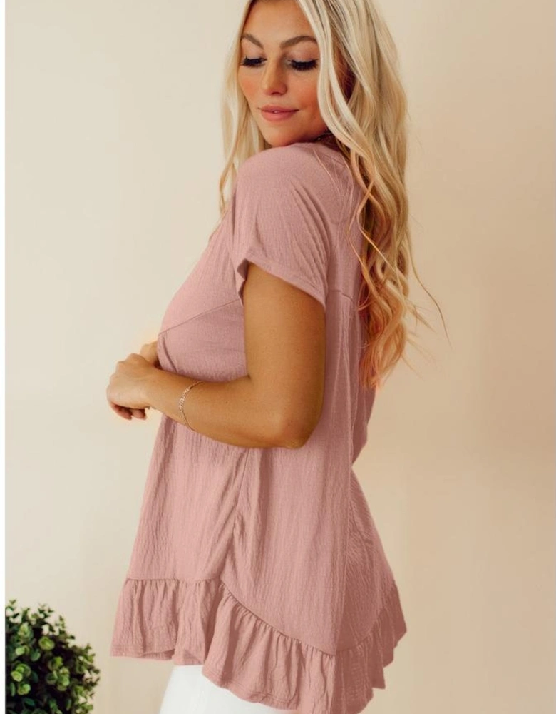 Pink Solid Short Sleeve Ruffle Hem Top