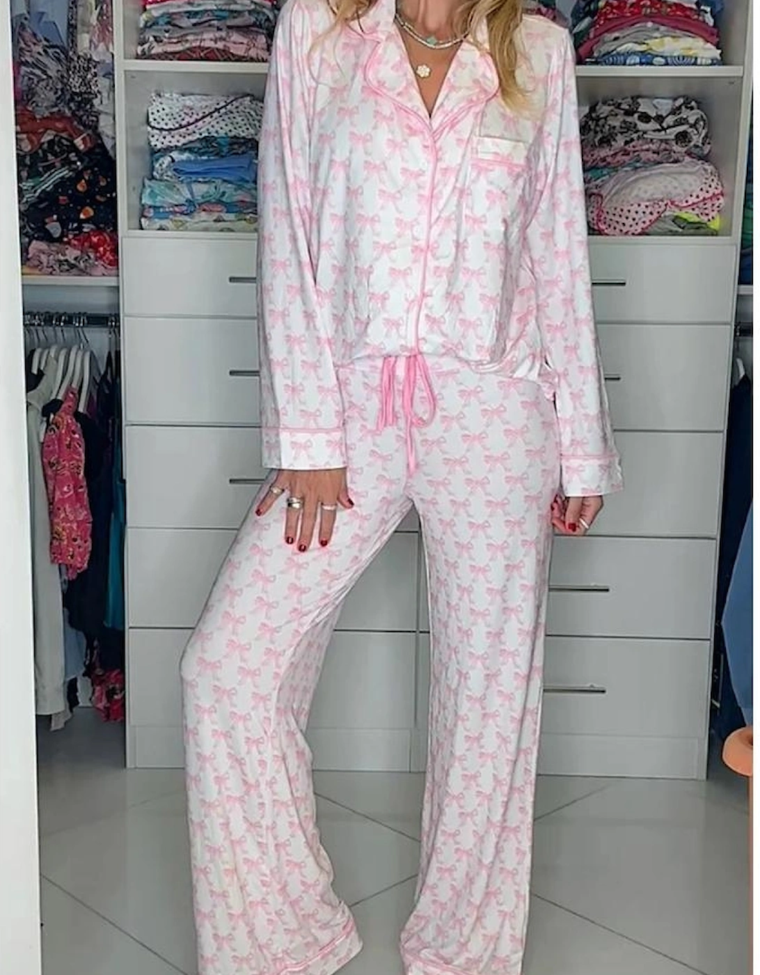 Pink Bow Print Long Sleeve Shirt and Pants Soft Pajama Set