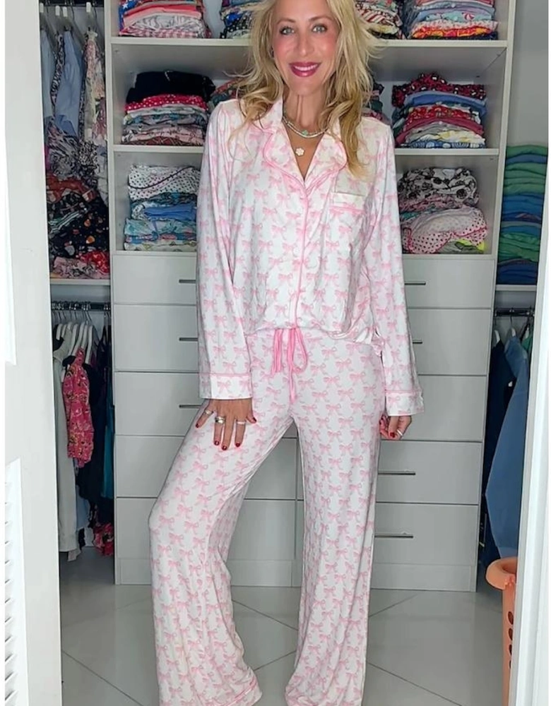 Pink Bow Print Long Sleeve Shirt and Pants Soft Pajama Set