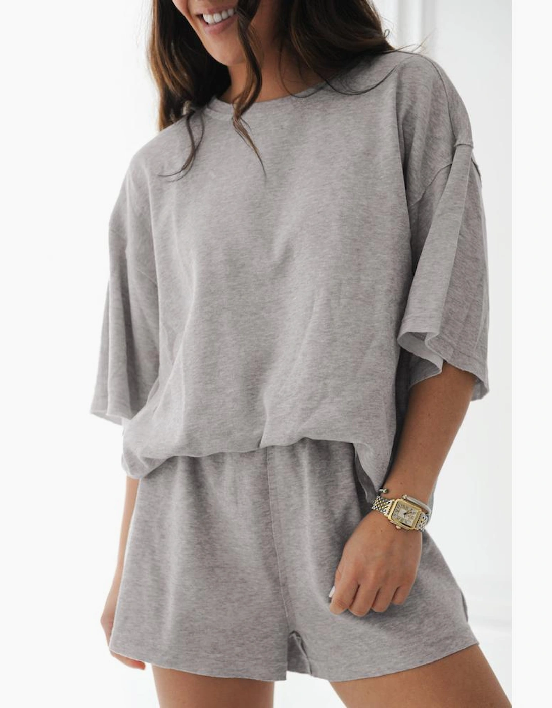 Gray Solid Color Loose Tee 2 Piece Shorts Set