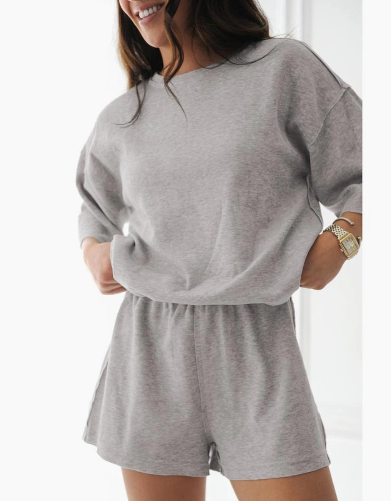 Gray Solid Color Loose Tee 2 Piece Shorts Set