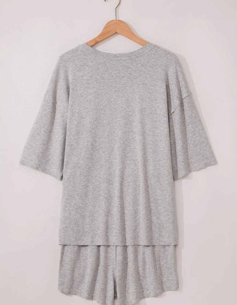 Gray Solid Color Loose Tee 2 Piece Shorts Set
