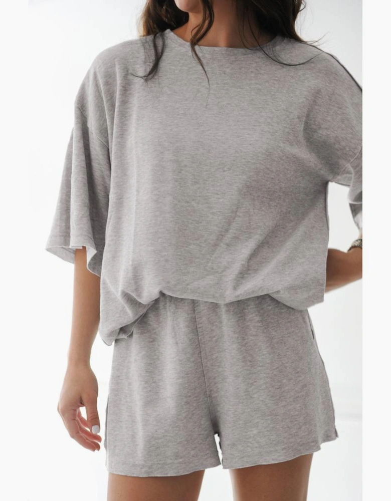 Gray Solid Color Loose Tee 2 Piece Shorts Set