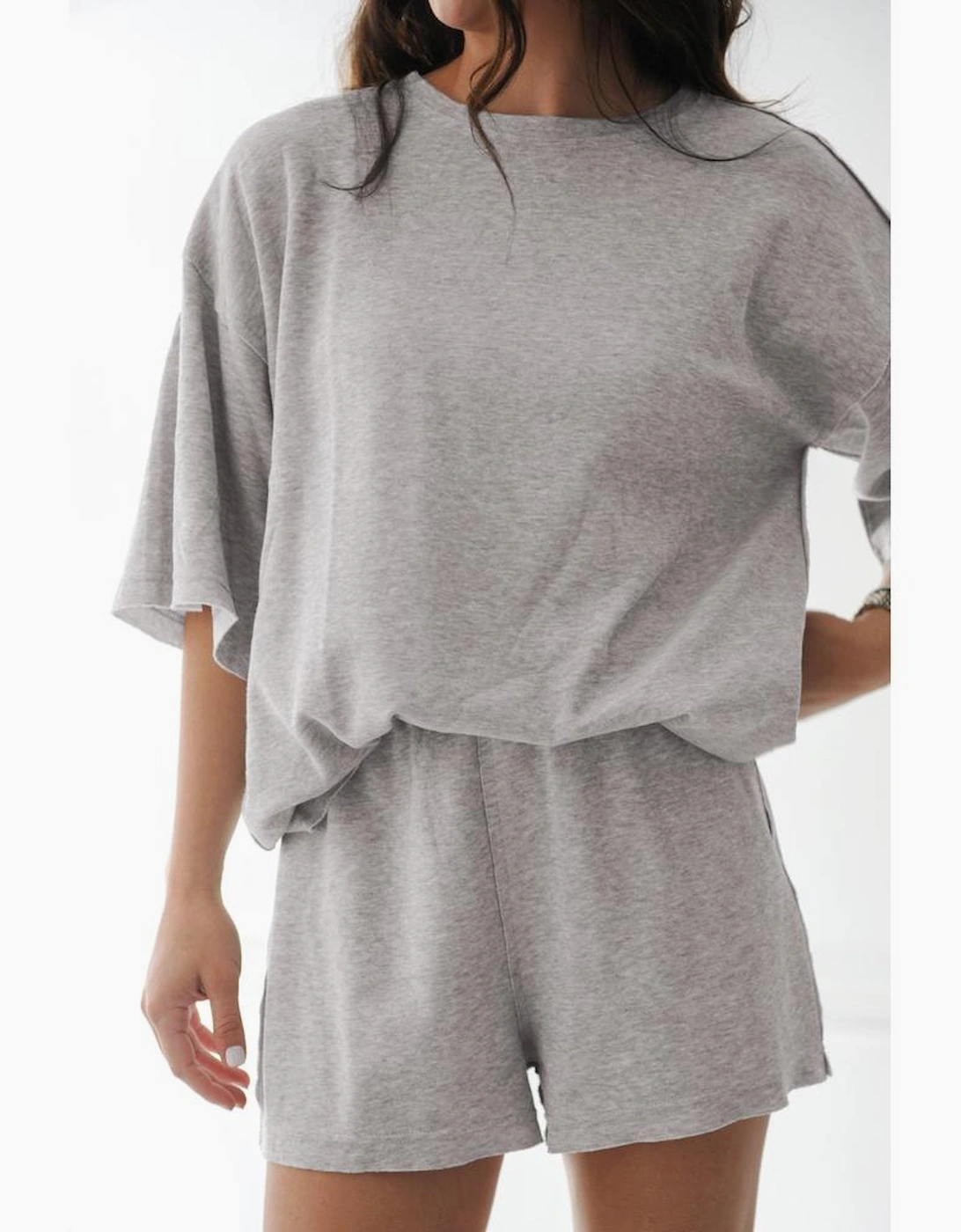 Gray Solid Color Loose Tee 2 Piece Shorts Set