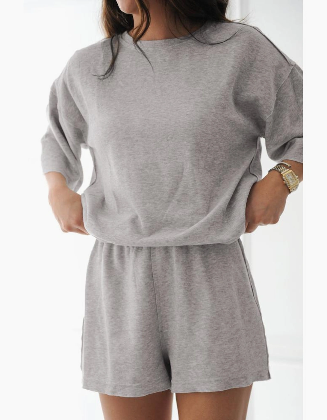 Gray Solid Color Loose Tee 2 Piece Shorts Set