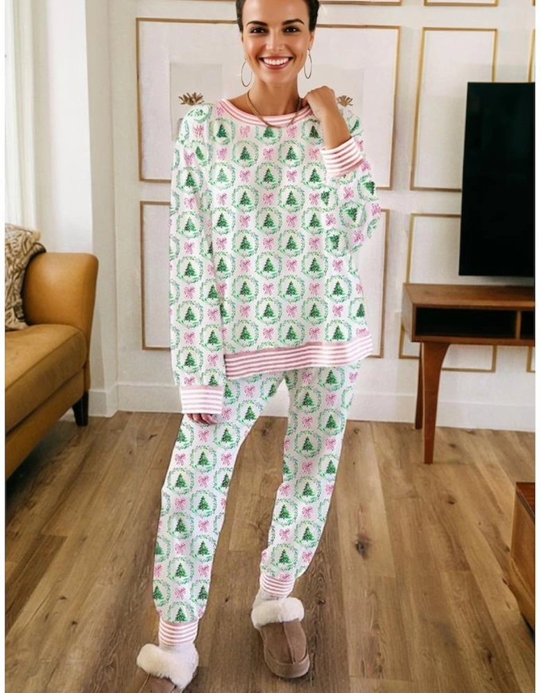 Green Bow Christmas Tree Print Contrast Striped Banding 2pcs Lounge Set