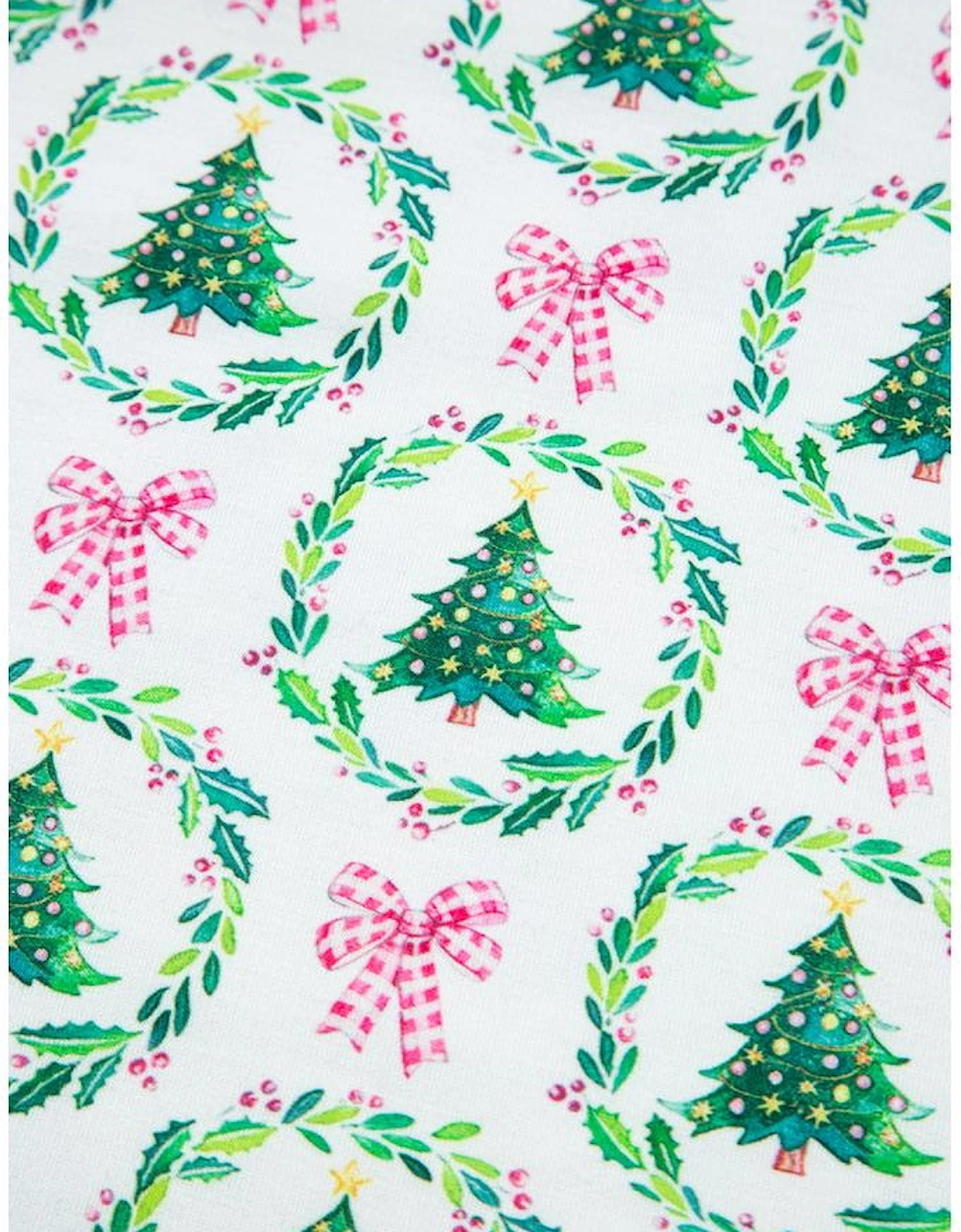 Green Bow Christmas Tree Print Contrast Striped Banding 2pcs Lounge Set