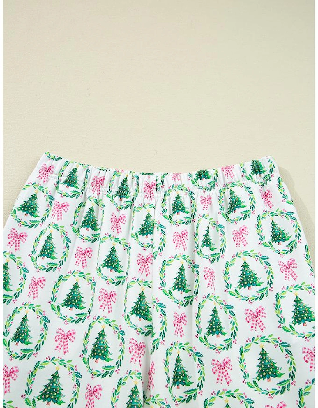 Green Bow Christmas Tree Print Contrast Striped Banding 2pcs Lounge Set