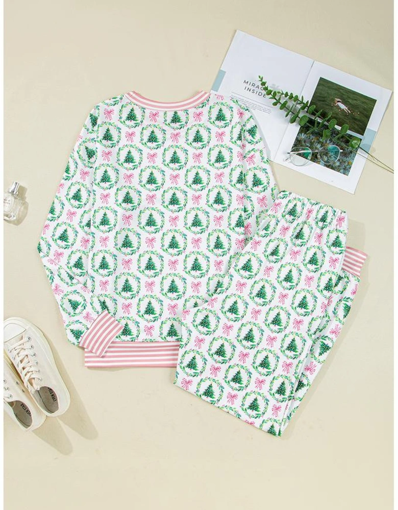 Green Bow Christmas Tree Print Contrast Striped Banding 2pcs Lounge Set