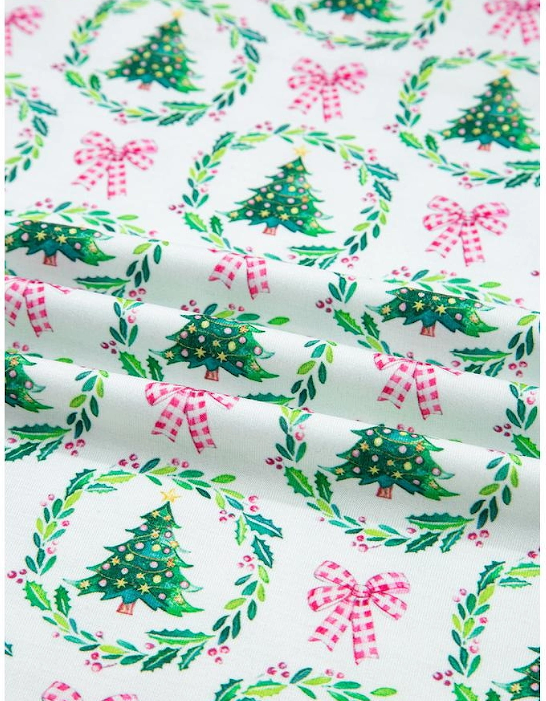 Green Bow Christmas Tree Print Contrast Striped Banding 2pcs Lounge Set