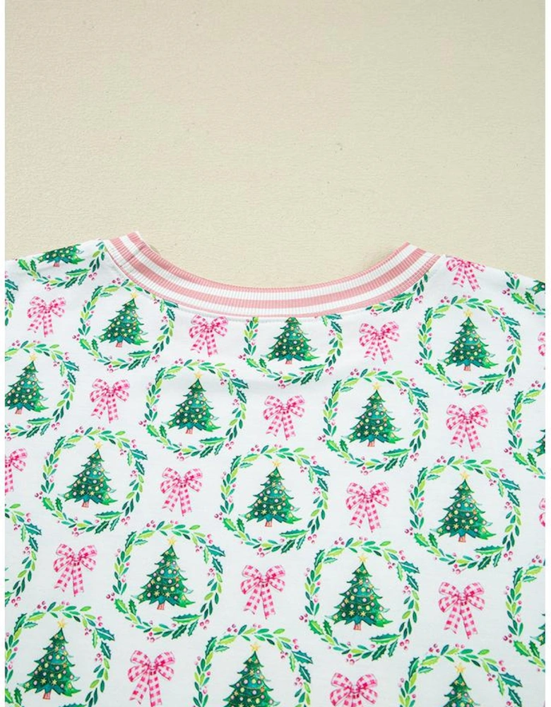 Green Bow Christmas Tree Print Contrast Striped Banding 2pcs Lounge Set