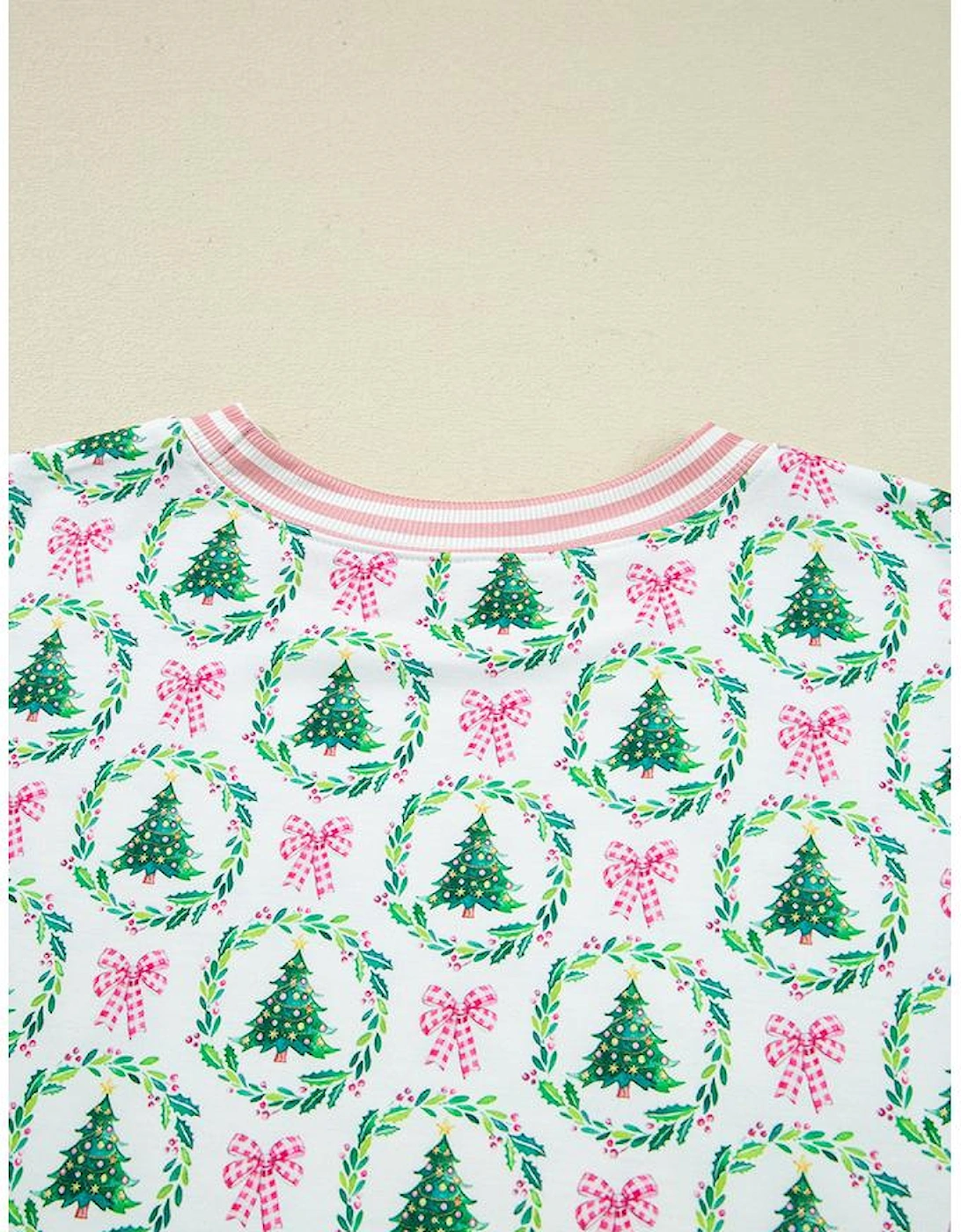 Green Bow Christmas Tree Print Contrast Striped Banding 2pcs Lounge Set