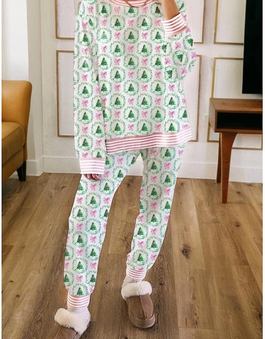 Green Bow Christmas Tree Print Contrast Striped Banding 2pcs Lounge Set
