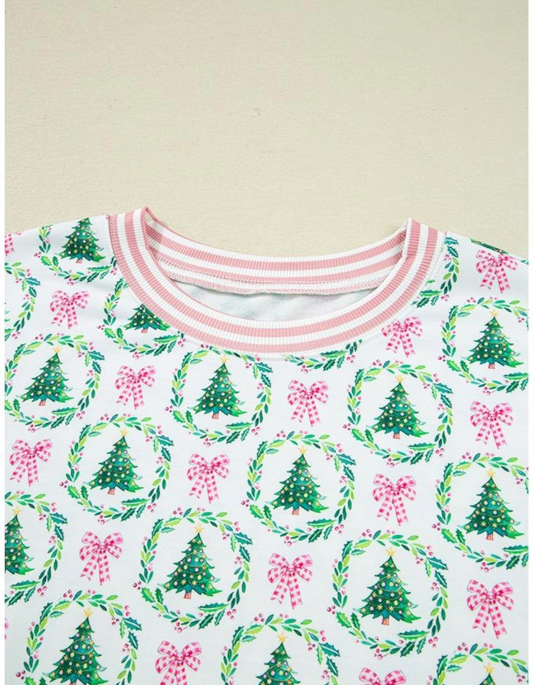 Green Bow Christmas Tree Print Contrast Striped Banding 2pcs Lounge Set