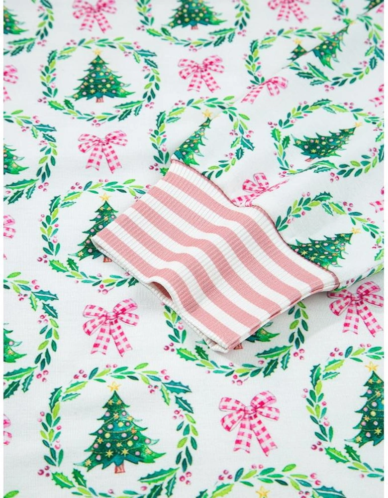Green Bow Christmas Tree Print Contrast Striped Banding 2pcs Lounge Set