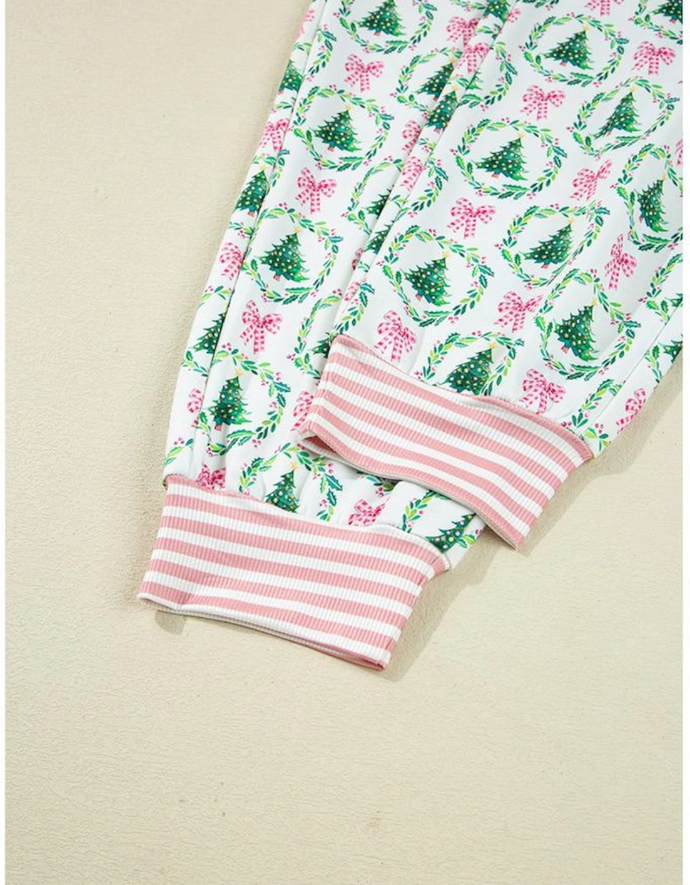 Green Bow Christmas Tree Print Contrast Striped Banding 2pcs Lounge Set
