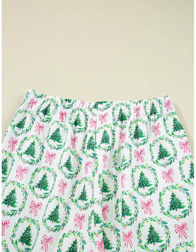 Green Bow Christmas Tree Print Contrast Striped Banding 2pcs Lounge Set
