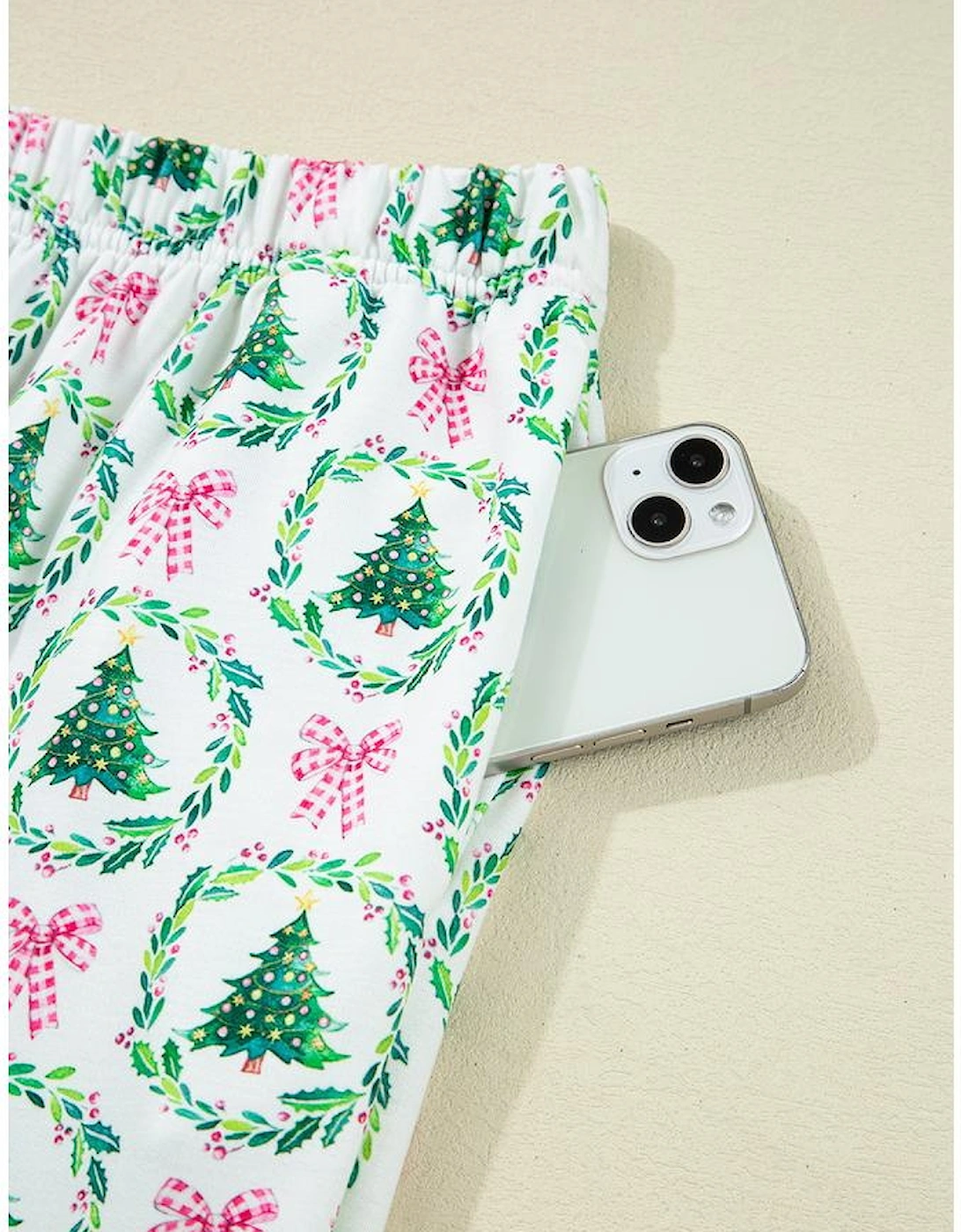 Green Bow Christmas Tree Print Contrast Striped Banding 2pcs Lounge Set