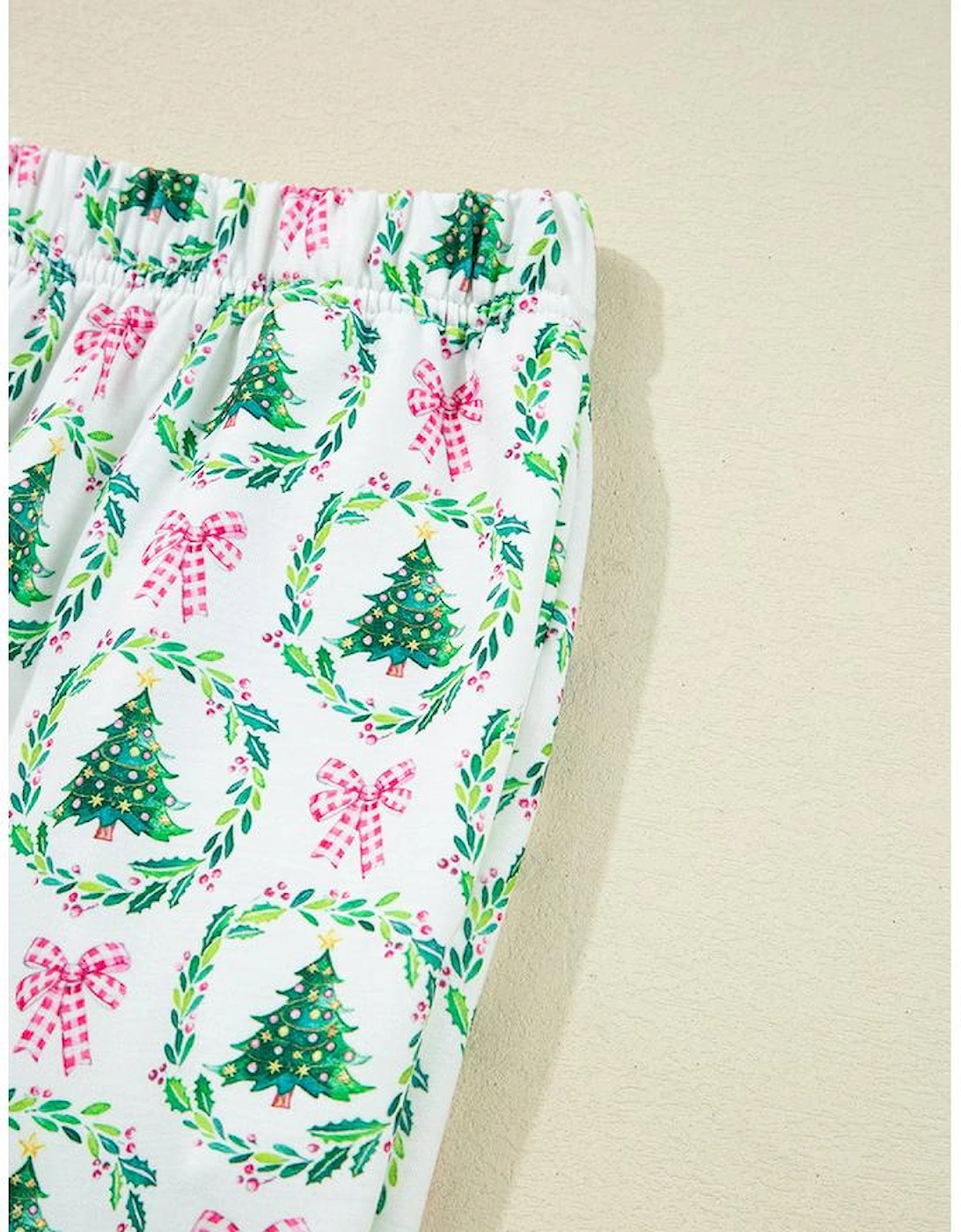 Green Bow Christmas Tree Print Contrast Striped Banding 2pcs Lounge Set