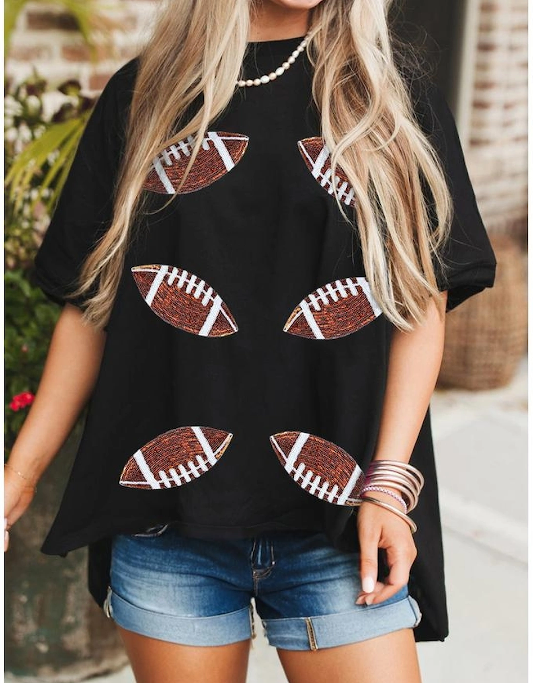 Black Sequin Rugby Football Patched Crewneck Loose T Shirt