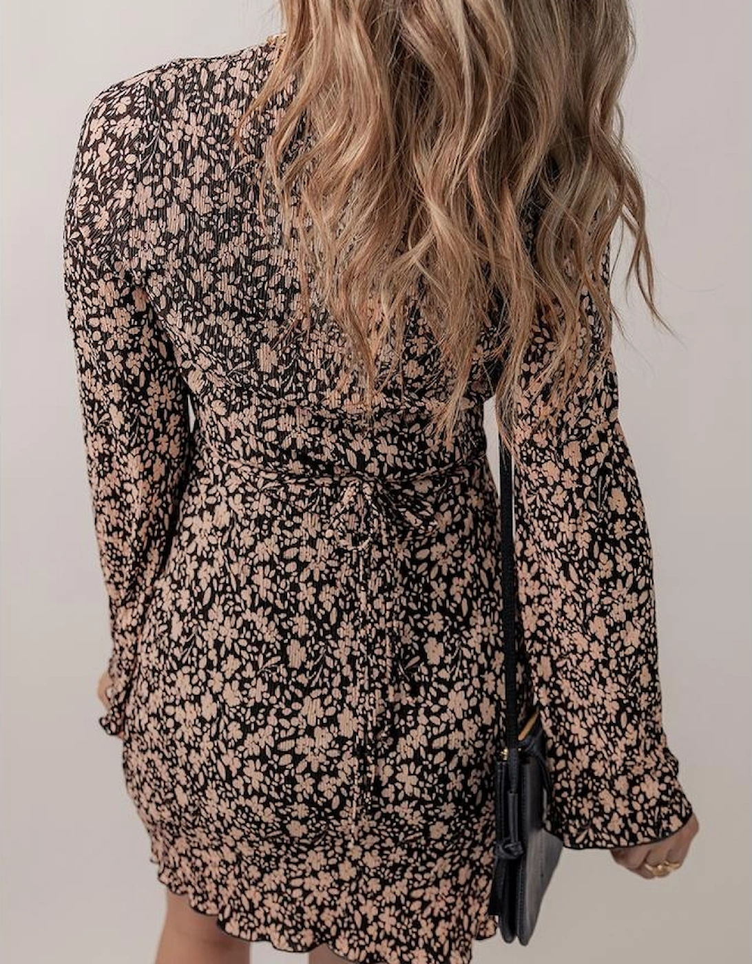 Black Lace-up Deep V Neck Slim Fit Floral Dress